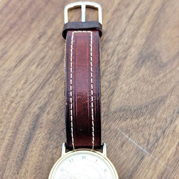 Vintage Disney Mickey Mouse 60 Year Wrist Watch Gold Tone Brown Leather Band - Picture 6 of 9